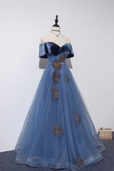 Blue Velvet Tulle Long A-Line Prom Dress Outfits For Girls, Off the Shoulder Evening Dress