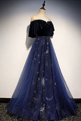 Blue Velvet Tulle Long Prom Dress Outfits For Girls, A-Line Blue Evening Party Dress
