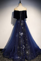 Blue Velvet Tulle Long Prom Dress Outfits For Girls, A-Line Blue Evening Party Dress