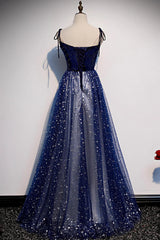Blue Velvet Tulle Long Prom Dress Outfits For Girls, A-Line Evening Party Dress