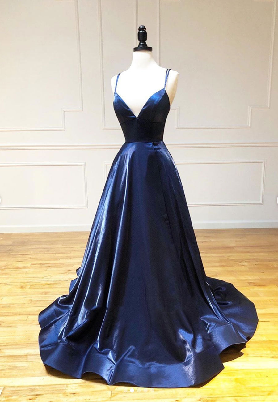Simple Satin Long Prom Dresses, A Line Blue Evening Dresses