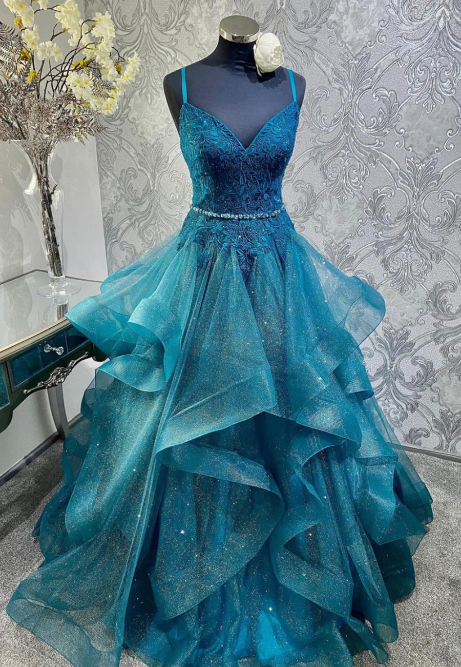 Blue Tulle Lace Long Prom Dresses, A-Line Spaghetti Straps Evening Dresses