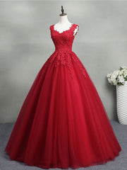 Burgundy A-Line Tulle Lace Long Prom Dress Outfits For Girls, Burgundy Formal Evening Dress