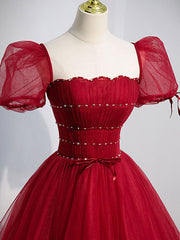 Burgundy Aline Tulle Beads Long Prom Dress Outfits For Girls, Burgundy Formal Dresses