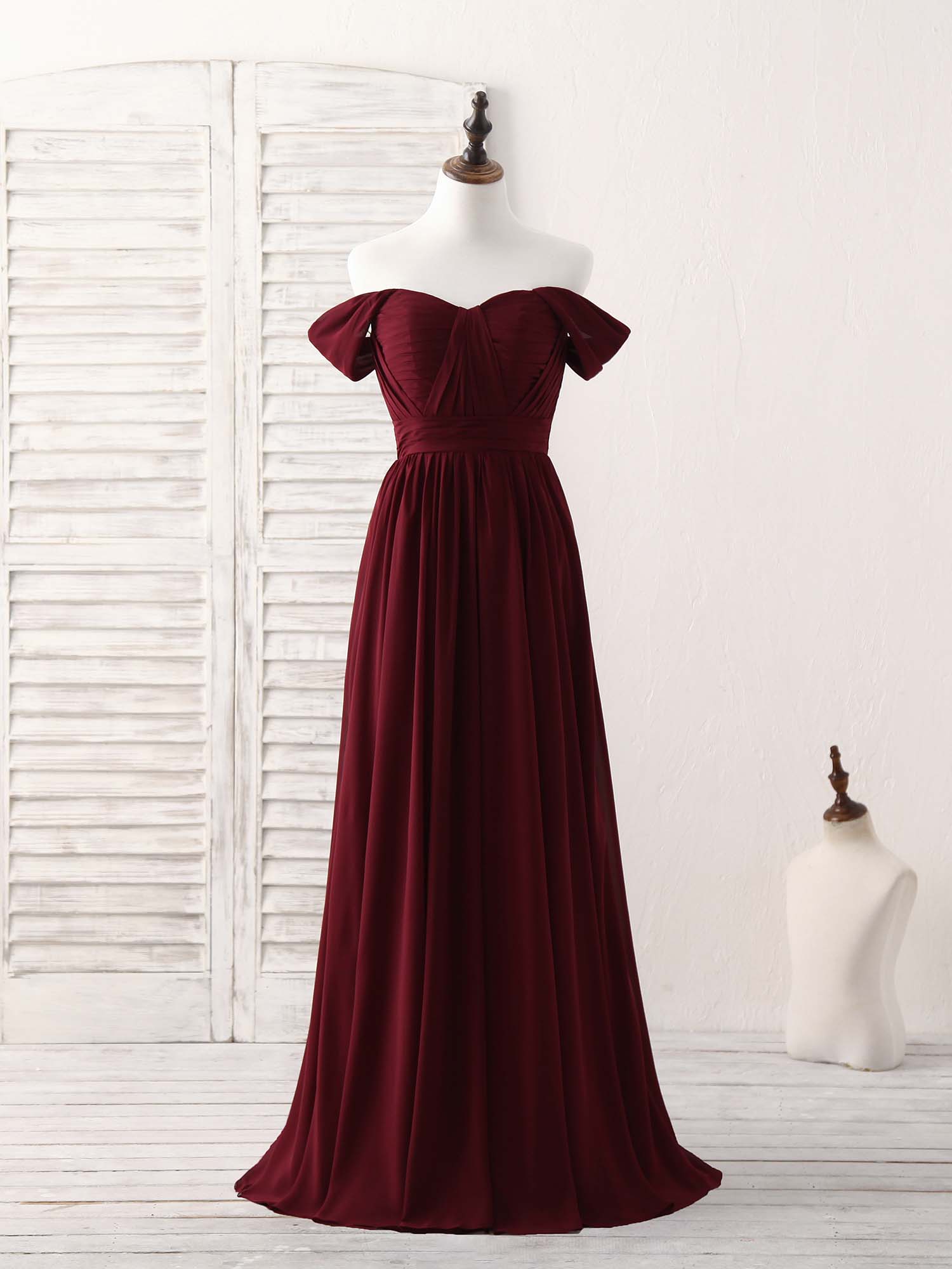 Burgundy Chiffon Off Shoulder Long Prom Dress Outfits For Women Burgundy Bridesmaid Dress