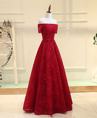 Burgundy Line Lace Long Prom Dress Outfits For Girls, Burgundy Evening Dress