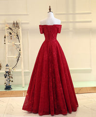 Burgundy Line Lace Long Prom Dress Outfits For Girls, Burgundy Evening Dress