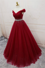 Burgundy Long Tulle Off Shoulder Prom Dress Outfits For Women , Junior Prom Dresses