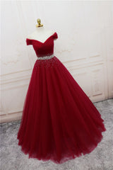 Burgundy Long Tulle Off Shoulder Prom Dress Outfits For Women , Junior Prom Dresses