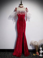 Burgundy Mermaid Long Prom Dress Outfits For Girls, Velvet Long Formal Dresses