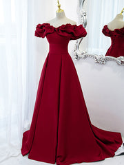 Burgundy Off Shoulder Satin Long Prom Dress Outfits For Girls, Burgundy Formal Evening Dress