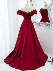 Burgundy Off Shoulder Satin Long Prom Dress Outfits For Girls, Burgundy Formal Evening Dress