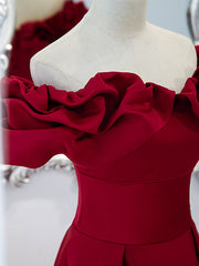 Burgundy Off Shoulder Satin Long Prom Dress Outfits For Girls, Burgundy Formal Evening Dress