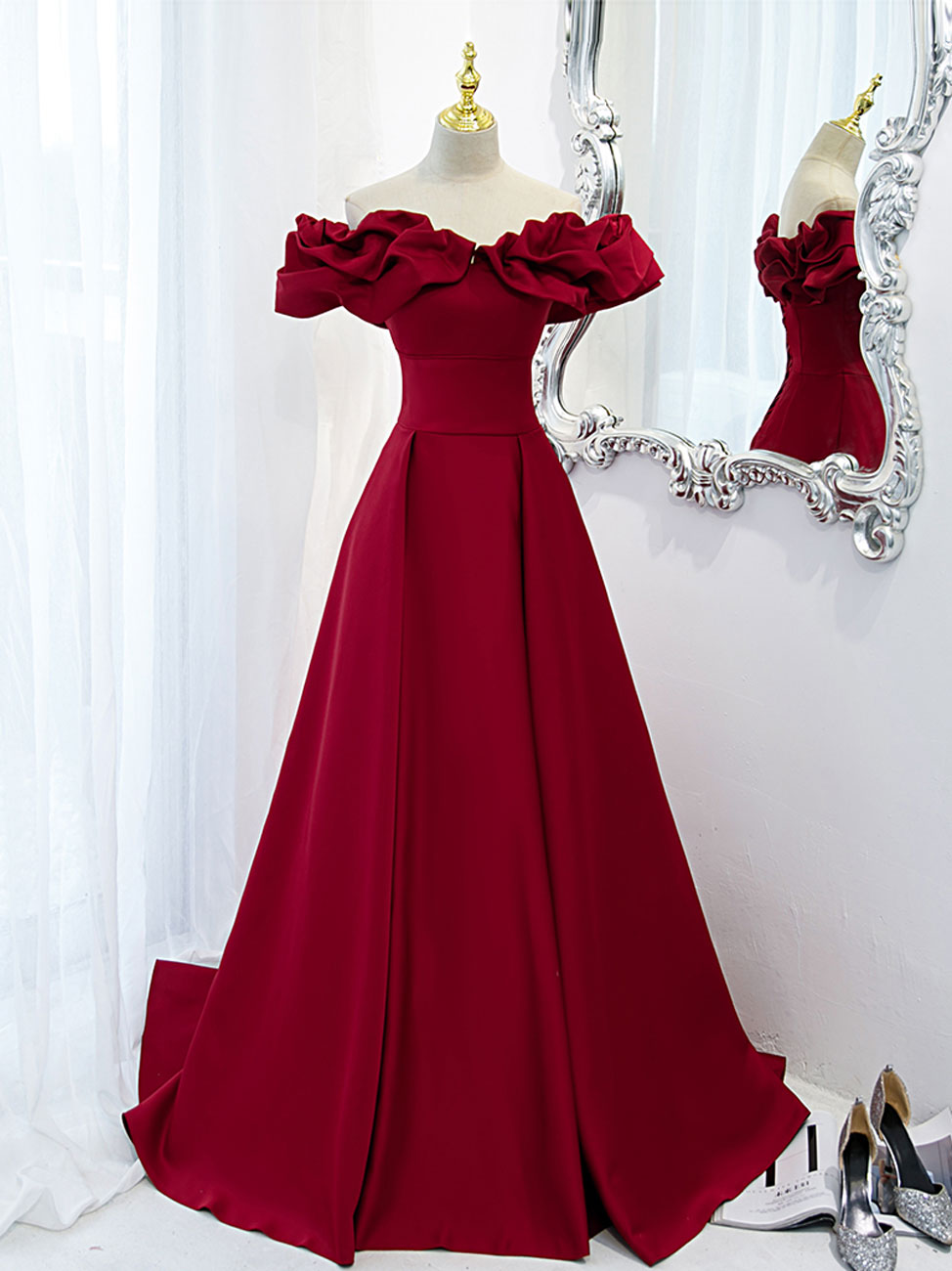 Burgundy Off Shoulder Satin Long Prom Dress Outfits For Girls, Burgundy Formal Evening Dress