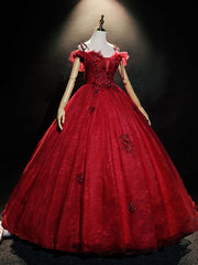 Burgundy Off Shoulder Tulle Lace Long Prom Dress Outfits For Girls, Burgundy Lace Sweet 16 Dress