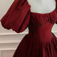 Burgundy Puffy Sleeves Taffeta Long Prom Dress Outfits For Girls, Floor Length Sweetheart Party Dress