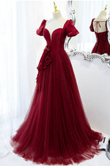 Burgundy Satin Tulle Long Prom Dress Outfits For Girls, A-Line Short Sleeve Evening Party Dress