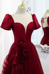 Burgundy Satin Tulle Long Prom Dress Outfits For Girls, A-Line Short Sleeve Evening Party Dress