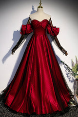 Burgundy Satin Tulle Long Prom Dress Outfits For Girls, Off the Shoulder Formal Evening Dress