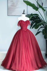 Burgundy Strapless Tulle Long Formal Dress Outfits For Girls, Sweetheart Neckline Evening Dress
