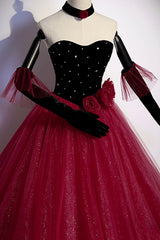 Burgundy Strapless Tulle Long Prom Dress Outfits For Girls, A-Line Evening Party Dress