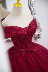 Burgundy Sweet 16 Formal Gown with Lace, Off the Shoulder Prom Dress Outfits For Women Party Dress