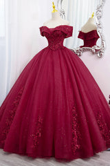 Burgundy Sweet 16 Formal Gown with Lace, Off the Shoulder Prom Dress Outfits For Women Party Dress