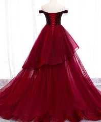 Burgundy Sweetheart Off Shoulder Tulle Long Prom Dress Outfits For Women Tulle Formal Dress