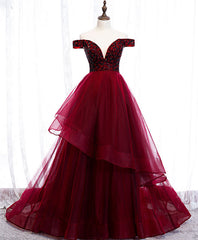 Burgundy Sweetheart Off Shoulder Tulle Long Prom Dress Outfits For Women Tulle Formal Dress