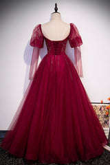 Burgundy Tulle Beaded Long Sleeve Prom Dress Outfits For Girls, A-Line Evening Graduation Dress