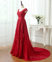 Burgundy tulle lace applique long prom dress, burgundy evening dress