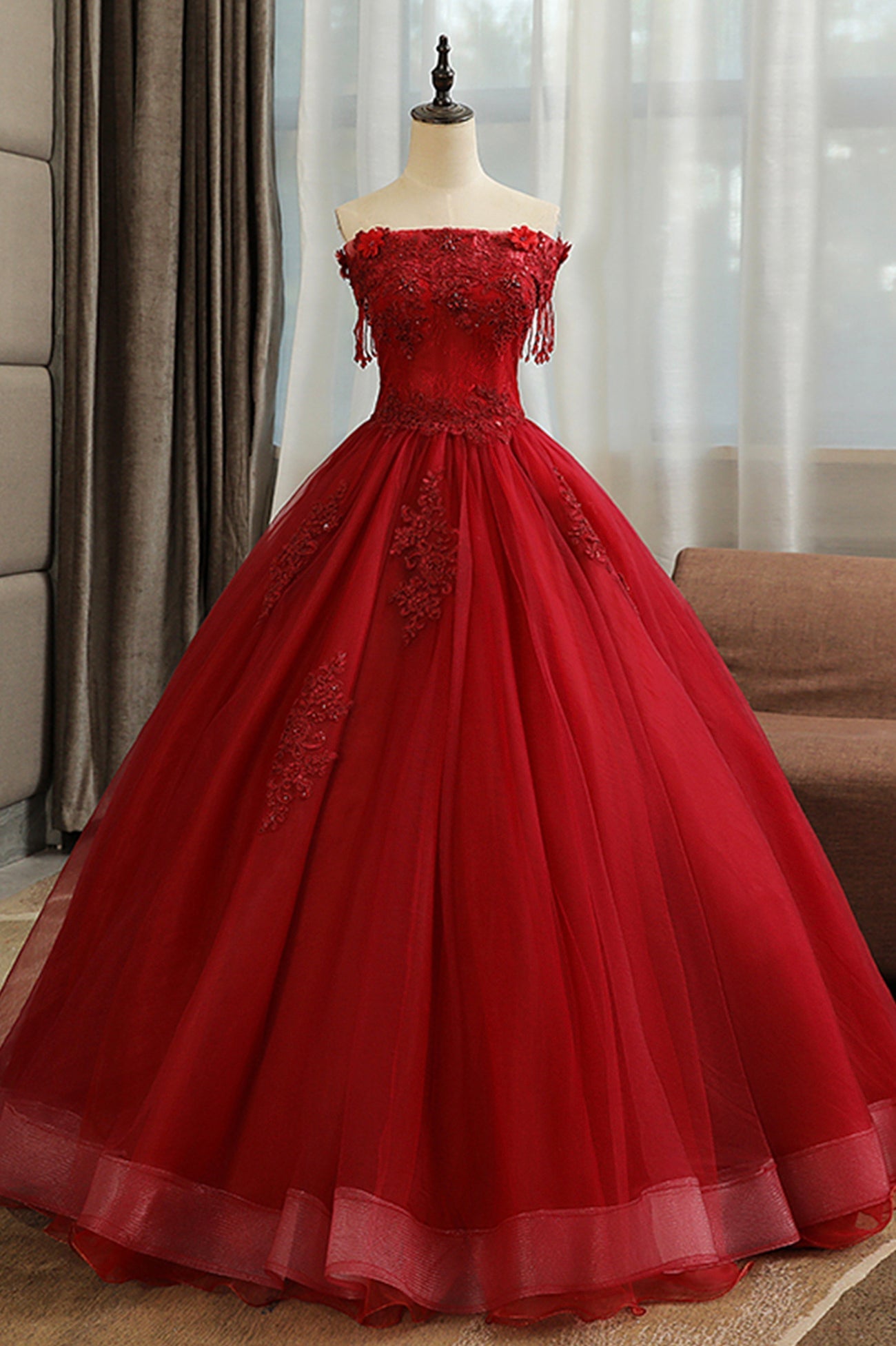 Burgundy Tulle Lace Long Prom Dress Outfits For Girls, Burgundy A-Line Evening Gown