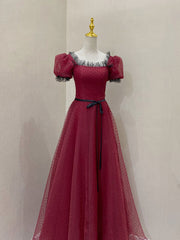 Burgundy Tulle Lace Long Prom Dress Outfits For Girls, Burgundy Evening Dress