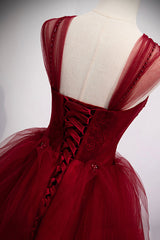 Burgundy Tulle Long A-Line Evening Dress Outfits For Girls, Off the Shoulder Formal Party Dress