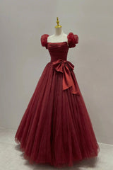 Burgundy Tulle Long A-Line Prom Dress Outfits For Girls, Lovely Evening Graduation Dress