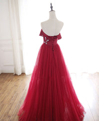 Burgundy Tulle Long Prom Dress Outfits For Girls, A line Burgundy Formal Party Dress