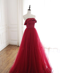 Burgundy Tulle Long Prom Dress Outfits For Girls, A line Burgundy Formal Party Dress