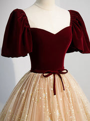 Burgundy Tulle Long Prom Dress Outfits For Girls, Burgundy Tulle Formal Dresses