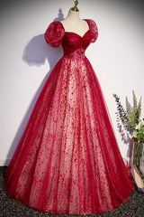 Burgundy Tulle Long Prom Dress Outfits For Women with Sequins, A-Line Short Sleeve Evening Dress
