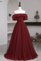 Burgundy Tulle Off the Shoulder Prom Dress Outfits For Girls, Long A-Line Evening Dress