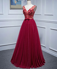 Burgundy V Neck Tulle Lace Long Prom Dress Outfits For Girls, Burgundy Evening Dress