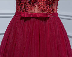 Burgundy V Neck Tulle Lace Long Prom Dress Outfits For Girls, Burgundy Evening Dress