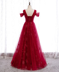 Burgundy V Neck Tulle Lace Long Prom Dress Outfits For Women Burgundy Evening Dress