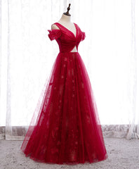 Burgundy V Neck Tulle Lace Long Prom Dress Outfits For Women Burgundy Evening Dress