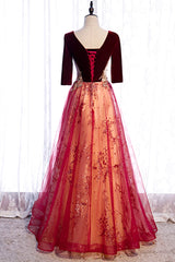 Burgundy V-Neck Velvet Tulle Long Prom Dress Outfits For Girls, A-Line 1/2 Sleeve Evening Dress