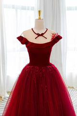 Burgundy Velvet Long A-Line Prom Dress Outfits For Girls, Burgundy Formal Evening Dress