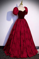 Burgundy Velvet Long A-Line Prom Dress Outfits For Girls, Burgundy Short Sleeve Evening Dress