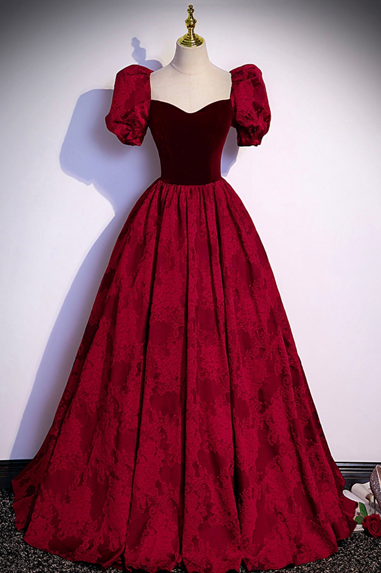 Burgundy Velvet Long A-Line Prom Dress Outfits For Girls, Burgundy Short Sleeve Evening Dress