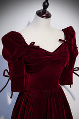 Burgundy Velvet Long Evening Party Dress Outfits For Girls, A-Line Short Sleeve Prom Dress