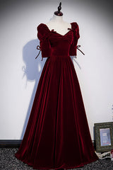 Burgundy Velvet Long Evening Party Dress Outfits For Girls, A-Line Short Sleeve Prom Dress